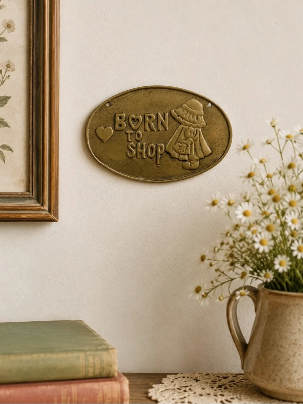 Vintage 1986 Holly Hobbie Born To Shop Brass Wall Plaque Upper Deck Taiwan